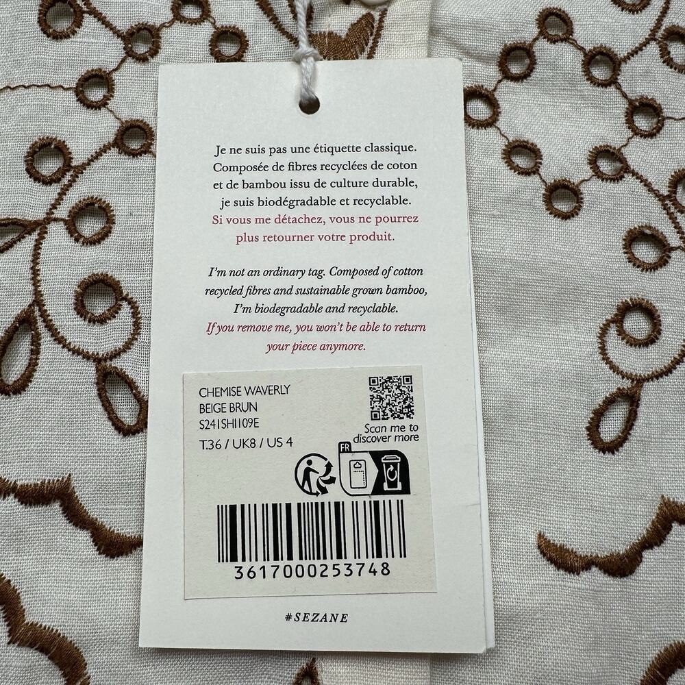 Sezane Waverly Blouse NWT Beige Brown Embroidered Linen Cotton Lace Trim 36 US 4 - Picture 3 of 16